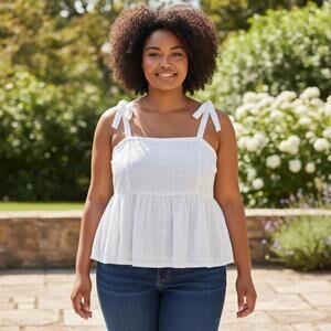 Womens White Eyelet Tank Top 3X Plus Peplum Tie Romantic Boho Coquette NWT